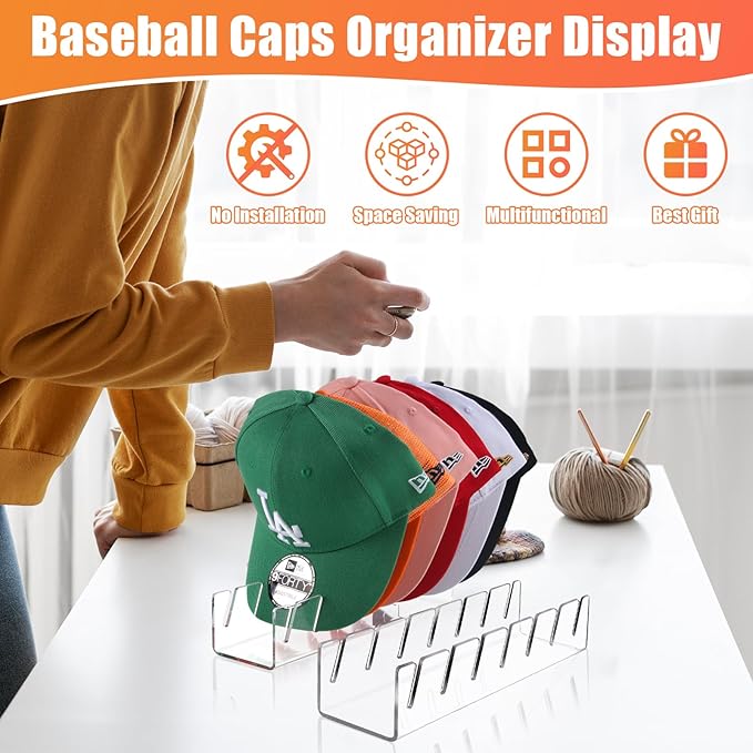 Hat Stand for Baseball Caps, 2 Pack No Install Acrylic Hat Organizer for 14 Baseball Caps Storage Organizer, Hat Racks Hat Ho
