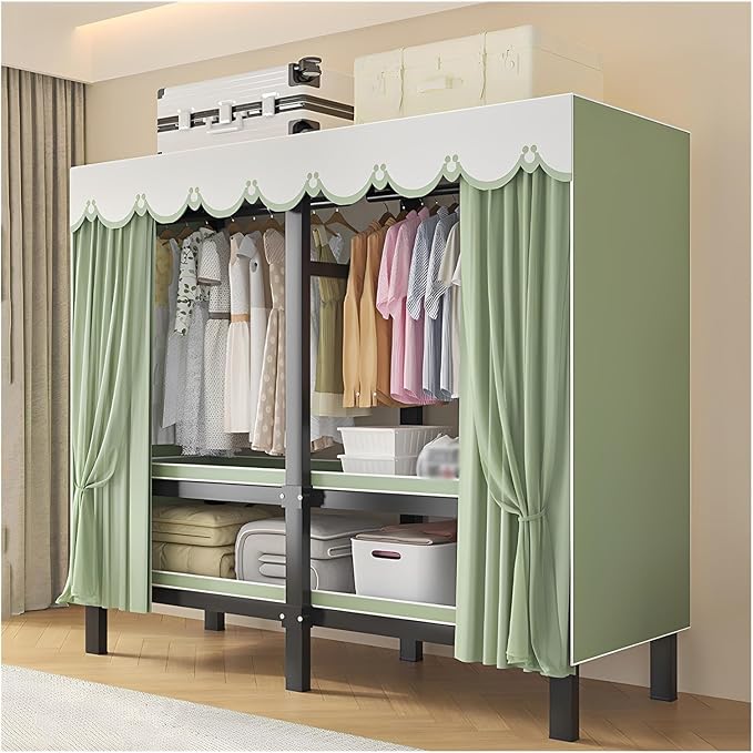 Portable Foldable Wardrobe Closet with Cover, Metal Clothing Rack with Hanging Rods, Space-Saving Storage Organizer for Bedro