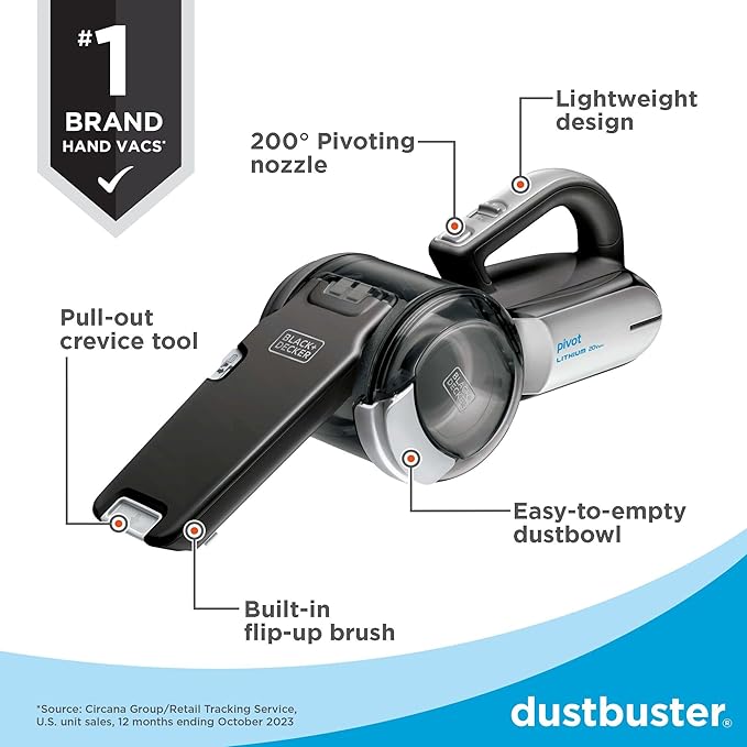 BLACK+DECKER dust buster PIVOT VAC Handheld Vacuum Cordless, Car Vacuum Portable Rechargeable, Extendible Crevice Tool and 20