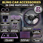 Purple Car Accessories Set, 27 Pieces – Bling Car Accessories for Women, Steering Wheel Cover, Rearview Mirror, Air Vent, Dashboard and Console Rhinestone Decor - Universal Fit Interior Styling Kit