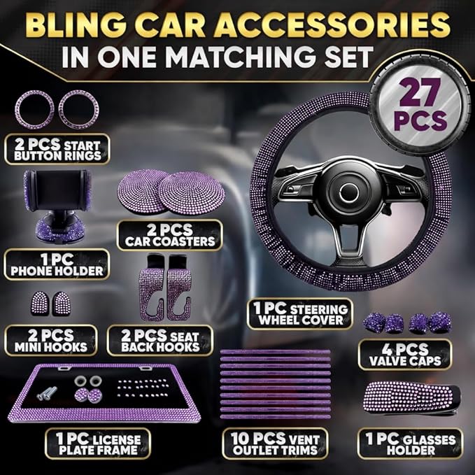 Purple Car Accessories Set, 27 Pieces – Bling Car Accessories for Women, Steering Wheel Cover, Rearview Mirror, Air Vent, Dashboard and Console Rhinestone Decor - Universal Fit Interior Styling Kit