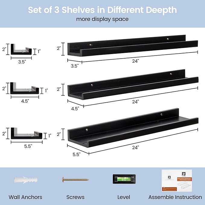 Picture Ledge Wall Shelves 24 inches Width Set of 3, Solid Pine Wood Rustic Floating Ledge Shelves for Kids' Room Bedroom Kit