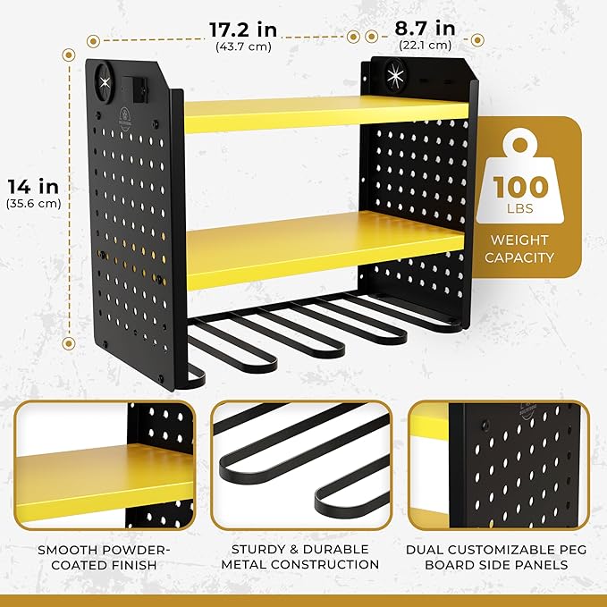 BUILTSTRONG Power Tool Organizer - 6 Drill Holder Wall Mount, 3 Tier Heavy-Duty Hand Storage Rack, Utility Racks, 2 Pegboard 