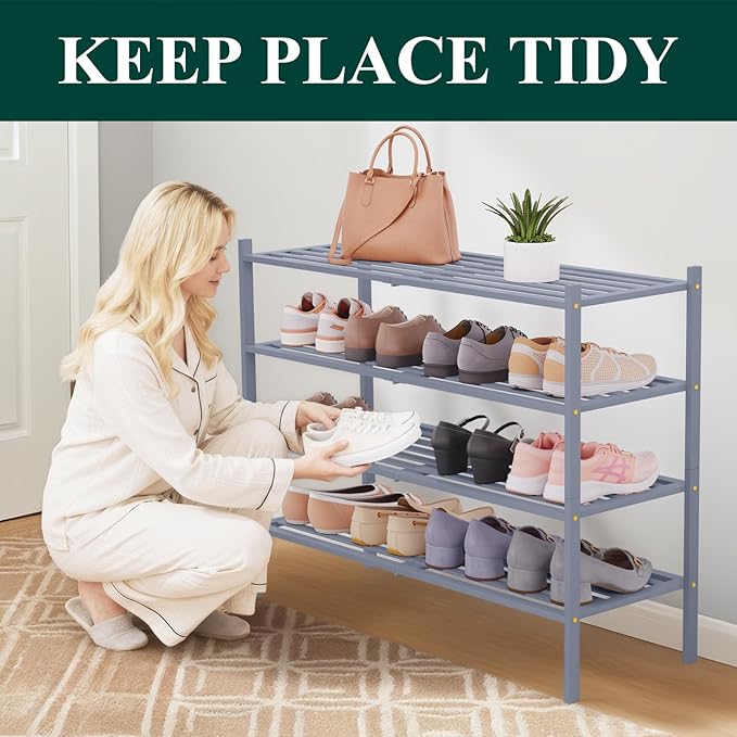 Smiry Long Bamboo Shoe Rack 4-Tier, Stackable Wooden Shoe Organizer for Entryway & Closet, Free Standing Wood Shoe Storage Sh
