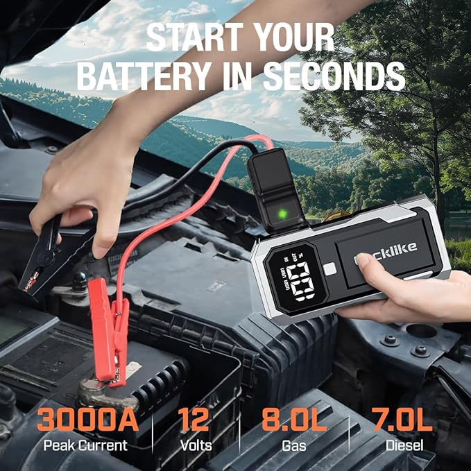 Lucklike Car Battery Jump Starter Portable, Jump Starter Battery Pack for 8.0L Gas/7.0L Diesel Engines,12V Jump Box with Portable Charger Power Bank, 3 Modes Emergency Light and Jumper Cable