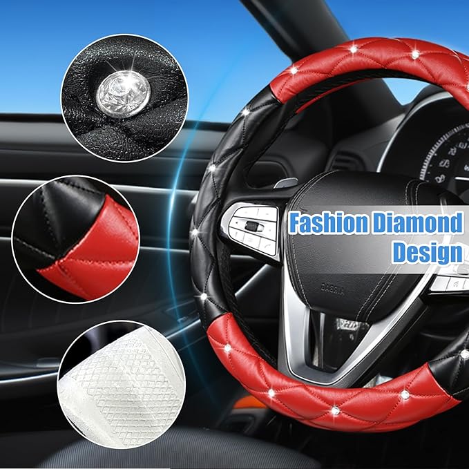 SuperKaKa Black and Red Steering Wheel Cover, Auto Diamond Style Cute Bling Comfort Car Interior Accessories Protector Sparkl