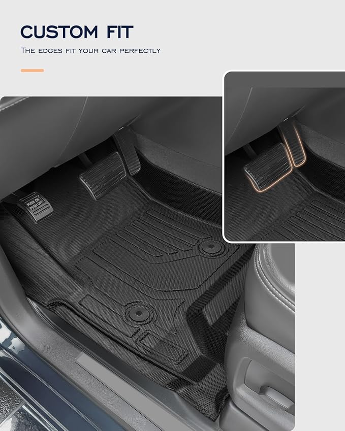 All Weather Floor Mats 2014-2018 for Chevy Silverado & GMC Sierra 1500, 2015-2019 2500HD 3500 HD, Only Crew Cab & Front Center Console & Bucket Seat, Waterproof TPE Rubber Car Accessories
