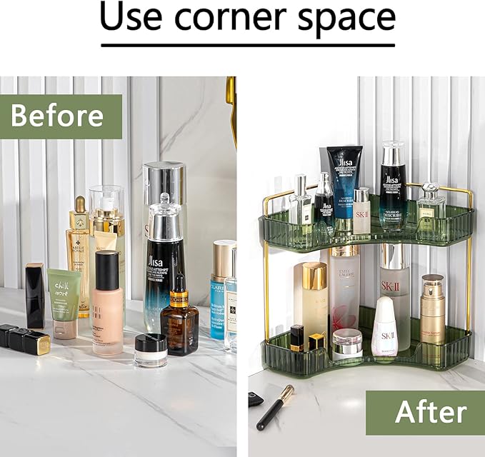 shuang qing 2-Tier Corner Bathroom Counter Organizer – Storage Shelf for Makeup, Perfume & Skincare, Space-Saving Countertop 