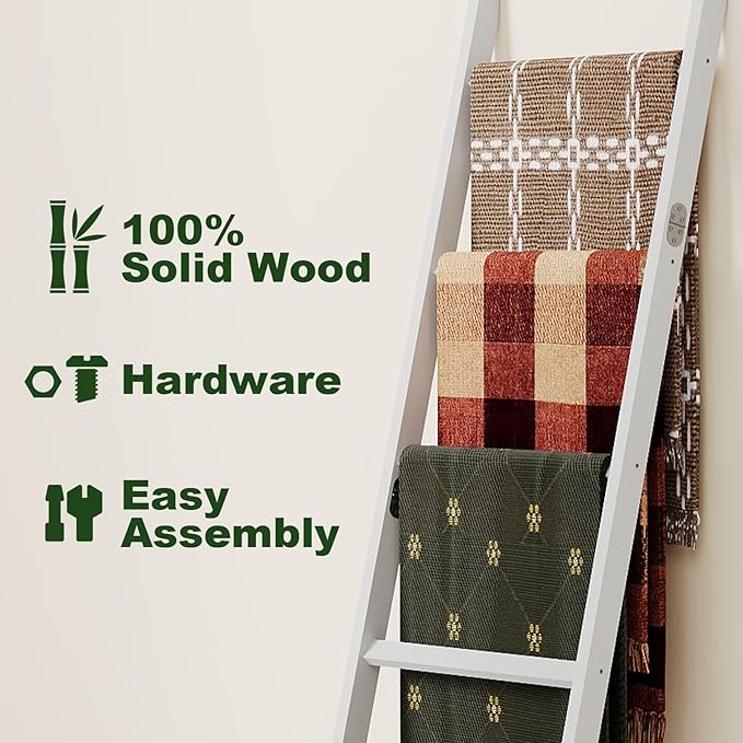 Bamboo Towel Rack 5-Tier Blanket Ladder for Living Room, Bedroom, Bathroom Space-Saving Decorative Ladder for Quilts, Towels 