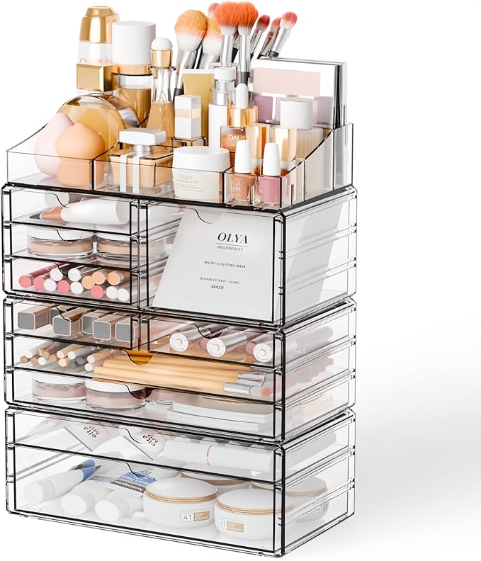 Yieach Acrylic Make up Organizers for Counter,Desk and Vanity,4 Pack Stackable Bathroom Counter Organizer with Drawers,Large 