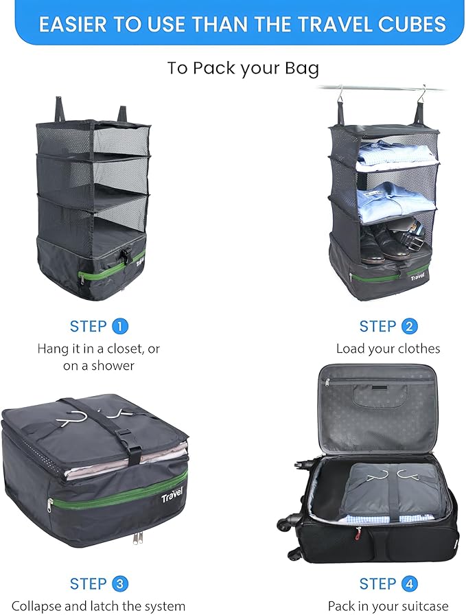 Grand Fusion Stow-N-Go Packing Organizer for Luggage, Portable Hanging Travel Shelves, Carry-On Closet, Hanging Packing Cubes