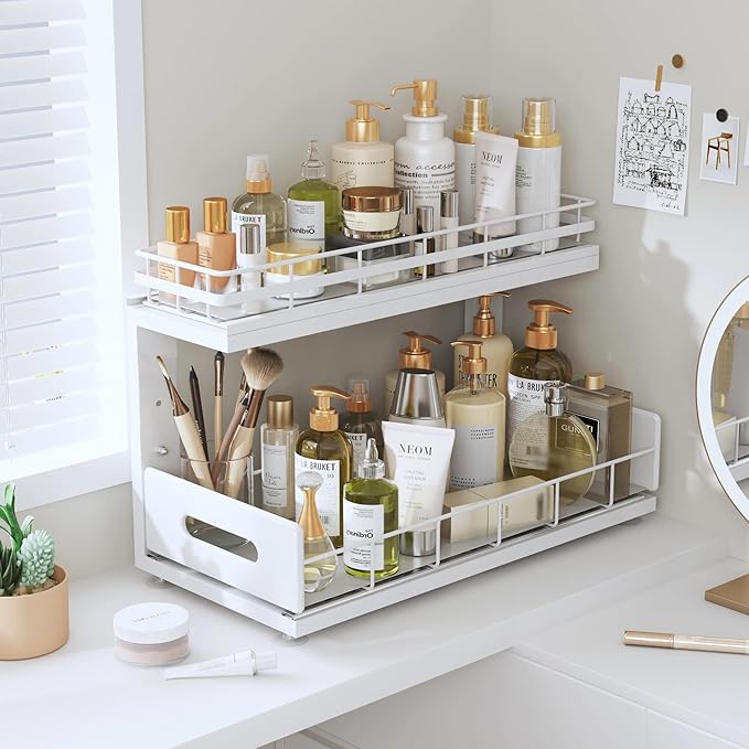 Under Sink Organizer Upgrade To Professional Rails,2-Tier Dual Pull Out Cabinet Storage,Height Adjustable Slide Out Drawers F