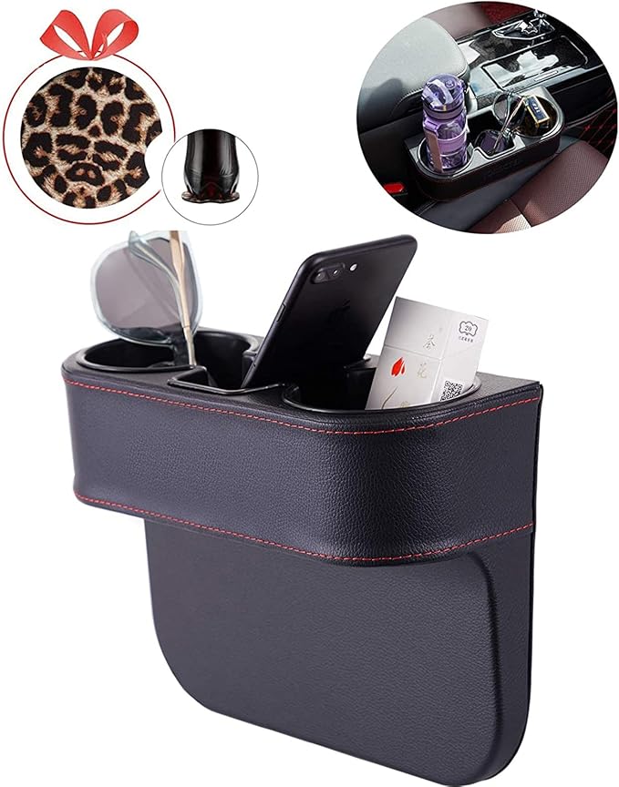 Car Seat Organizer Cup Drink Holders,Multifunctional Gap Filler Storage Box,Insert Organization Helps Reduce Distracted Driving&Holds Phone Mount Mug Bottle Cellphone Coaster Wallet Card (XBD-Black)
