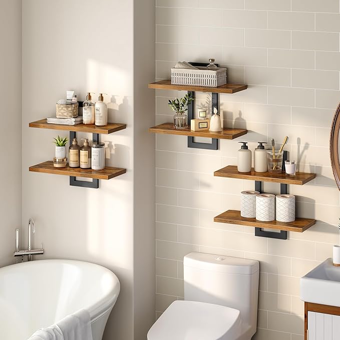 HOOBRO Floating Shelves, 15 Inch Wall Shelf Set of 3, Wall Mounted Storage Shelves 2-Tier, Hanging Bathroom Shelves, for Livi