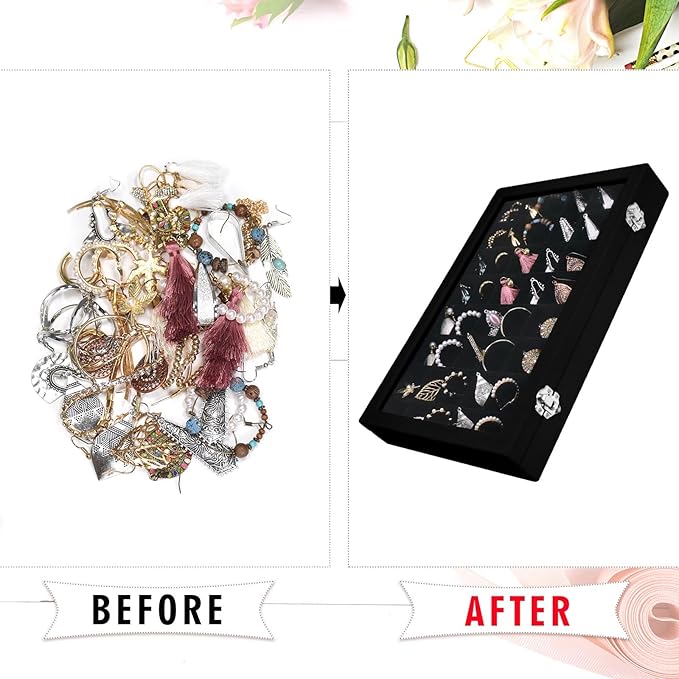 Siveit Velvet Jewelry Tray 48 Grid Jewelry Display Tray Organizer Box with Transparent Lid Rings Earrings Necklaces Pendants 