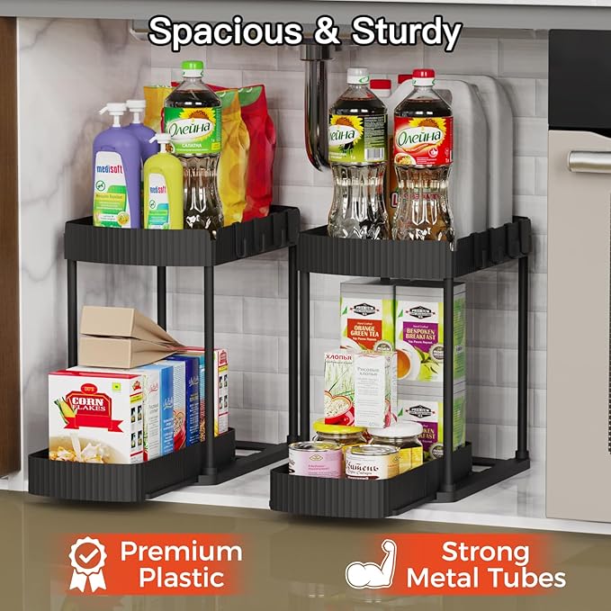 Ukeetap Multi-Purpose Pull-Out Storage Organizers, Under Sink/Cabinet Organizers and Storage for Bathroom & Kitchen, Black, 1