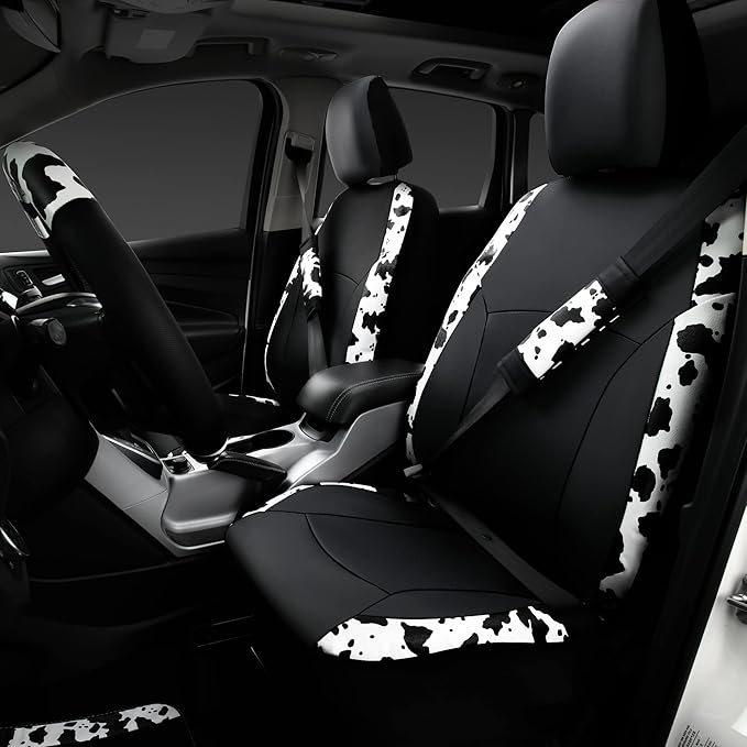 CAR-PASS Cow Print Car Accessories Sets Faux Leather Car Seat Covers & Cow Car Mats & Cow Steering Wheel Cover Seat Belt Pads