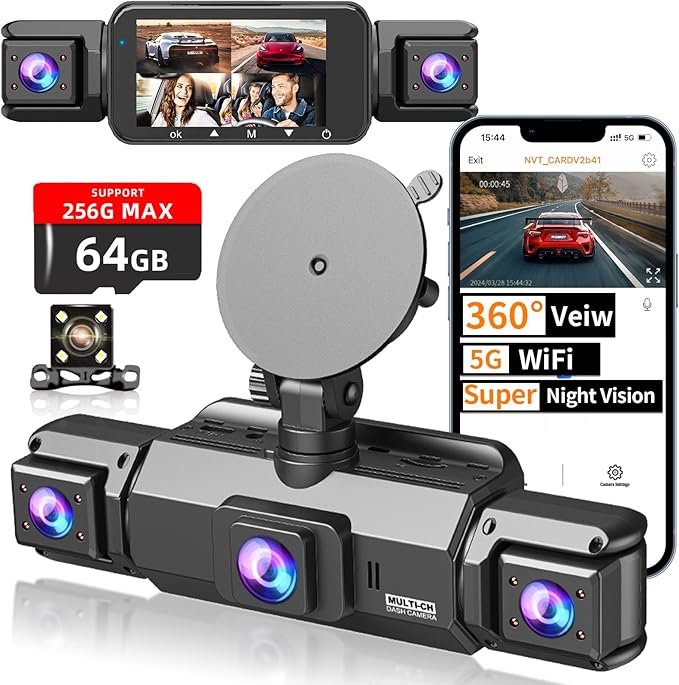 4 Channel Dash Cam Front and Rear Cabin, 360° Dash Camera ，Night Vision 8 IR Lamps Dash Camera for Cars, 5G WiFi for Download