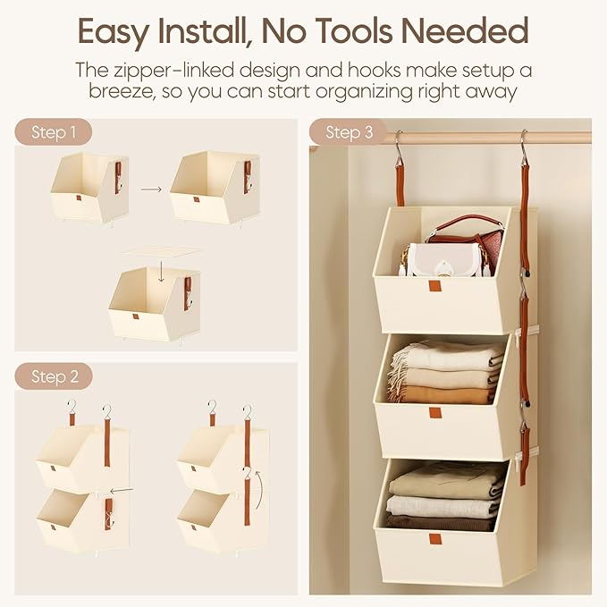 Homsorout Collapsible Hanging Closet Organizer - 3 Tier Closet Shelves Storage System with Hooks, Fabric Hanging Storage Bins