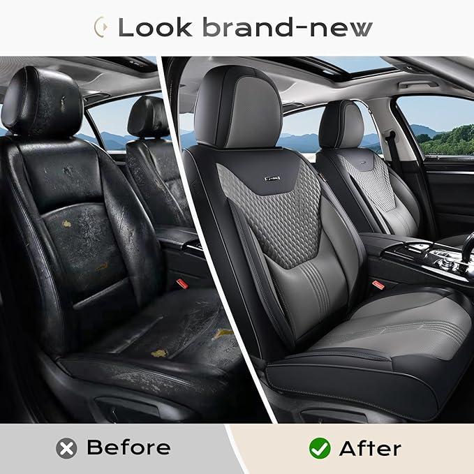 Coverado Car Seat Covers Full Set, Front Seat Covers with Lumbar Support and Back Seat Cover Waterproof Leather Automotive Se