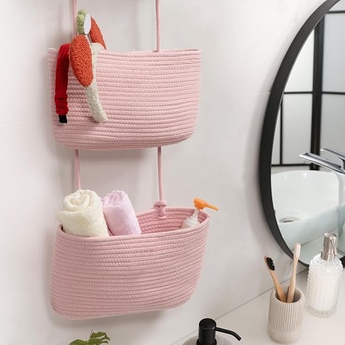 TeoKJ Over the Door Hanging Basket, 3-Tier Woven Cotton Wall-Mounted Storage Organizer Bag Decorative Hanging Nursery Baskets