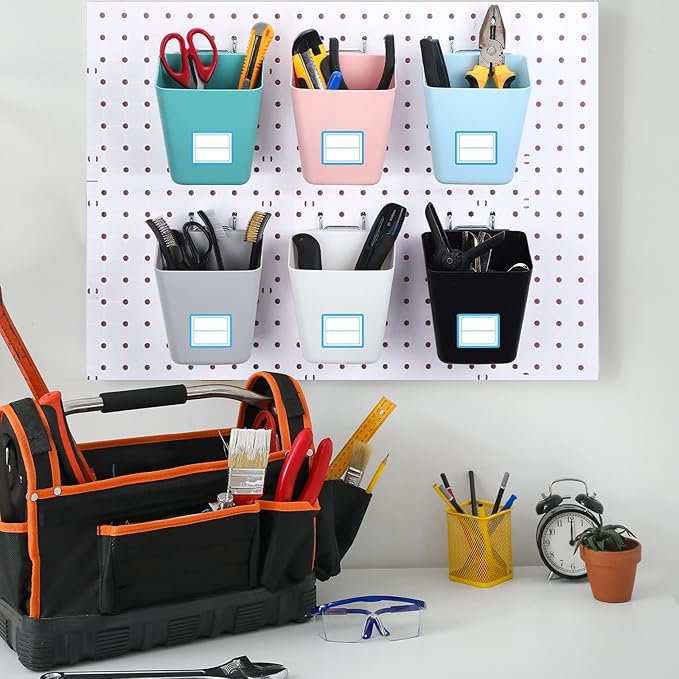 Namalu 12 Pack Peg Board Storage Bins with Labels and Hooks Square Box Shape Pegboard Cup Holder Accessories Pegboard Organiz