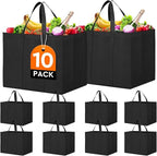 WISELIFE Reusable Grocery Shopping Bags 10 Pack Large Foldable Tote Bags Bulk, with Long Handle for Shopping Groceries Clothes (Black)