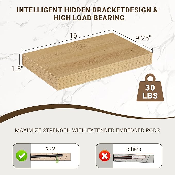 16 Inch Floating Shelves, 3D Textured Wood Grain, 16"x9.25"x1.5" Inch Deep Floating Shelves for Wall, Wooden Shelves for Bath