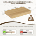 16 Inch Floating Shelves, 3D Textured Wood Grain, 16"x9.25"x1.5" Inch Deep Floating Shelves for Wall, Wooden Shelves for Bath