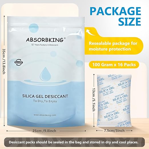 Moisture Absorbers – 100 Gram 16 Packs Silica Gel Packets Food Grade Silica Packets with Color Indicating, Premium Desiccant 
