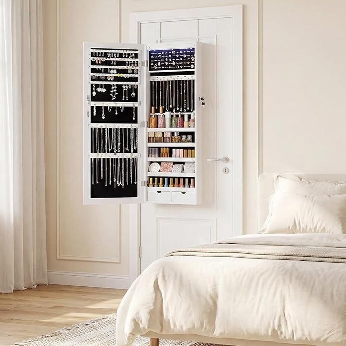 DUMOS 6 LEDs Mirror Jewelry Cabinet, Wall or Door Mounted Jewelry Organizer, 47.2-Inch Tall Lockable Large Capacity Cosmetic 
