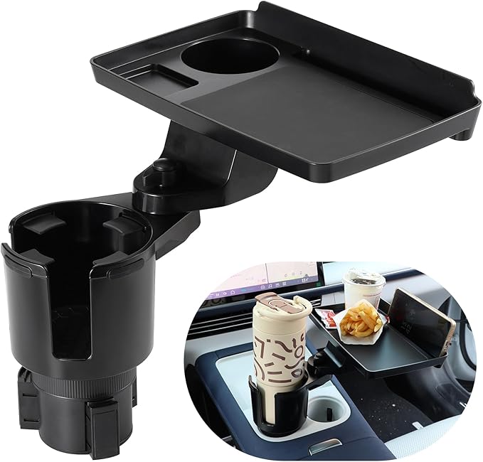 Car Large Cup Holder Expander, 3-in-1 Cupholder Extender with Swivel and Detachable Snack Food Tray Table for Eating, Travel 