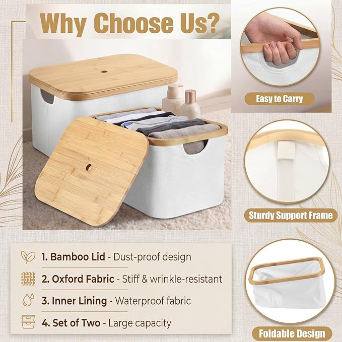 Novabright 2 Pcs Collapsible Storage Basket with Bamboo Lids 15" x 10" Foldable Fabric Storage Bins with Handles for Organizi