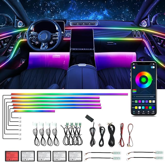 Dream Color Acrylic Interior Car Ambient Light Kit, Bphuny 22 in 1 593 LEDs Fiber Optic Multiple Modes Decoration Atmosphere Lights with Music Dynamic Rainbow Rhythm, RGB Neon Lights for All Cars