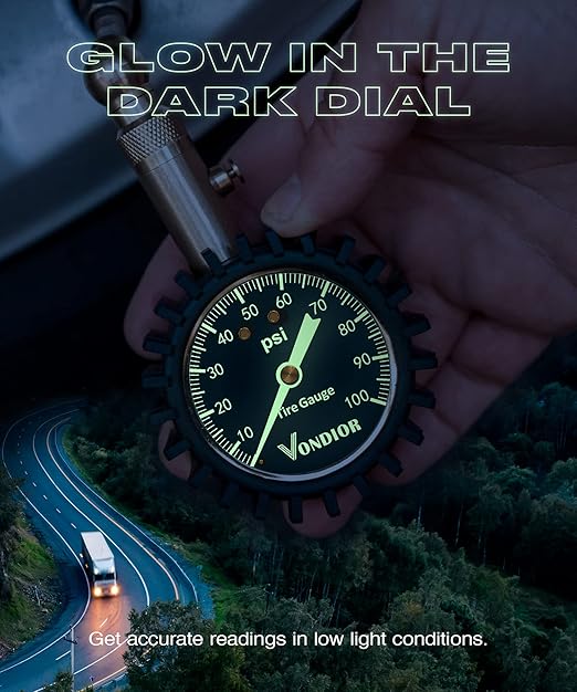 Vondior Tire Pressure Gauge (0-100 PSI) Certified ANSI Accurate with Large 2 Inch Easy to Read Glow Dial, Low - High Air Pressure Gauge. Tire Gauge for Car and Trucks Tires