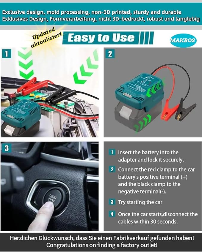 Jumper Cables Adapter for Makita18V Battery Jump Car Starter,12V Portable Jump Car Starter Battery,Automotive Booster Cable Adapter,Up to 3.5L Gas or 6.5L Diesel Engines(Battery not Included)