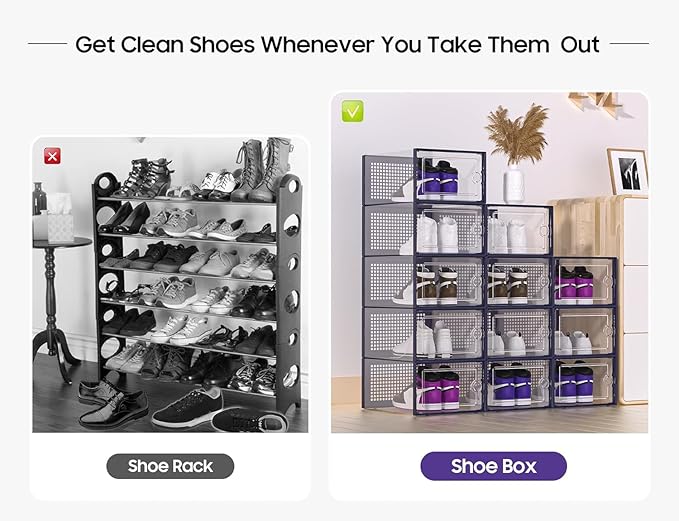 Kuject X-Large Shoe Storage Boxes Organizers Clear Plastic Stackable 12 Pack, Shoe Rack & Holder Substitute, Sneaker Containe