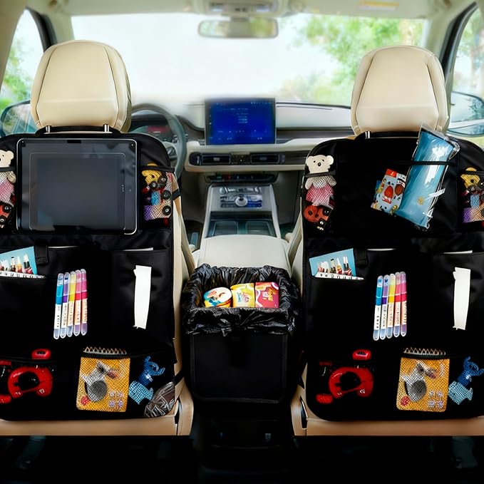 2 Pcs Large Size Car Backseat Organizer with 1 Pcs Trash Garbage Bag, Clear Screen Tablet Holder and 9 Storage Pockets,Foldable Seat Back Protectors for Toys Drinks Book ,Travel Accessories (Black)
