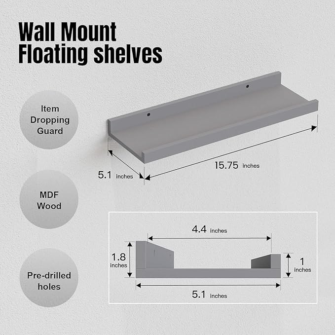 RICHER HOUSE 8 Set Floating Wall Mounted Shelves, Nursery Hanging Book Shelves with Lip for Storage, Gray Display Picture Led