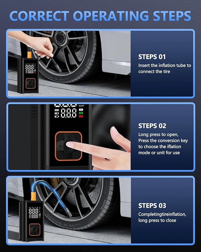 Tire Inflator Portable Air Compressor Cordless -150PSI Electric Air Pump & Digital Pressure Gauge, Air Compressor for Car Tires, for Bike Motorcycle Balloons, Emergency LED Light