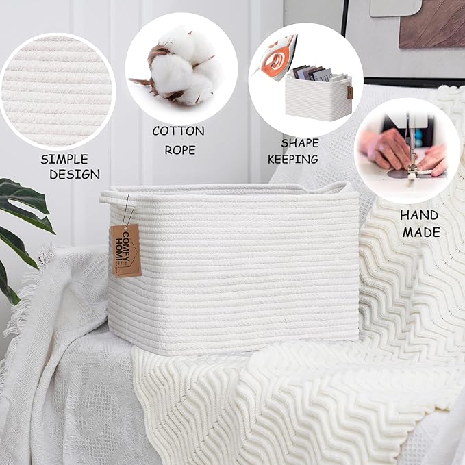COMFY-HOMI Cotton Rope Woven Basket with Handles for Shelves,Toys,Book, Cloth Storage Baskets Bin for Organizing-13.5"x11"x9.