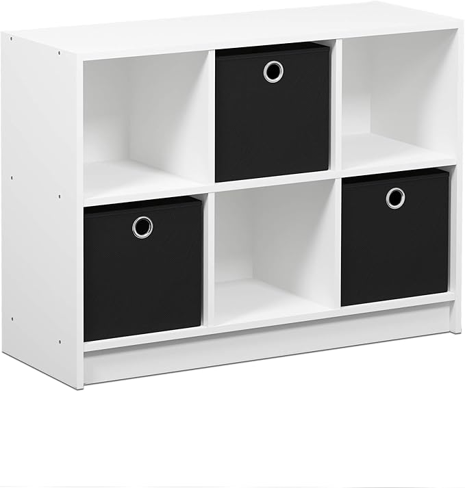 Furinno Basic 3x2 Cube Storage Bookcase Organizer with Bins, White/Black