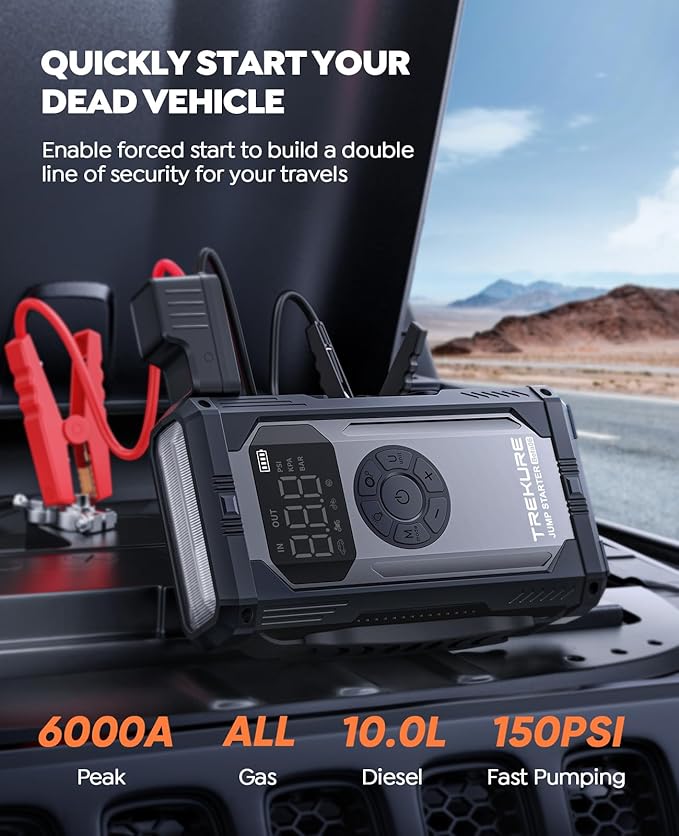 TREKURE 8-in-1 Jump Starter with Air Compressor 6000A 150PSI Portable Car Battery Jump Starter (All Gas/10L Diesel), 12V