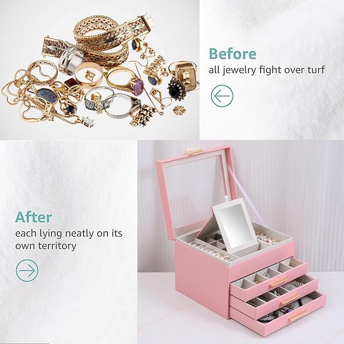 BOOVO Clear Lid Jewelry Box,4 Layers Jewelry Organizer Large Jewelry Storage Box with 3 Drawers,Jewelry Holder Organzier of R