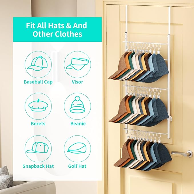 HapiRm Over Door Hat Rack - 3 Tier Wall Mounted Hat Organizer with 30 Movable Clips, Baseball Cap Organizer Storage Holds up 