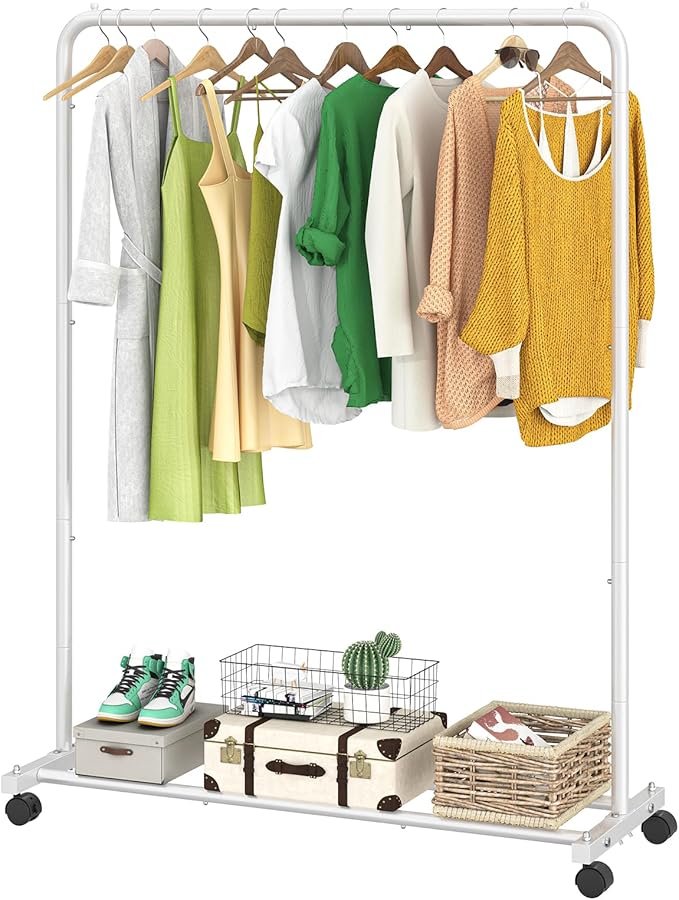 Simple Trending Standard Clothes Clothing Garment Rack with Storage Shelves, Rolling Clothes Organizer on Wheels for Hanging 