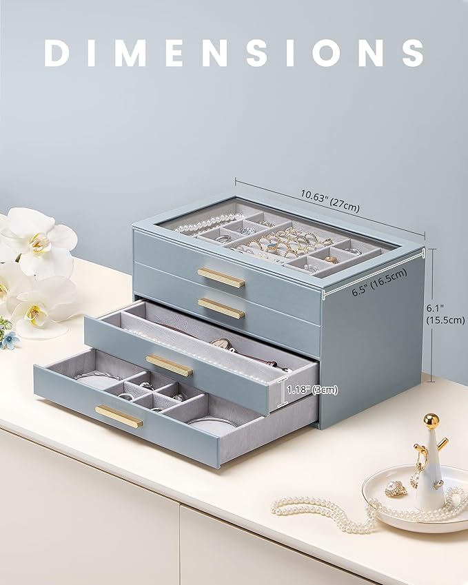Lolalet Jewelry Box Organizer, 4-Layer Jewelry Organizers and Storage Case with Glass Lid, Ring Earring Bracelet Necklace Hol