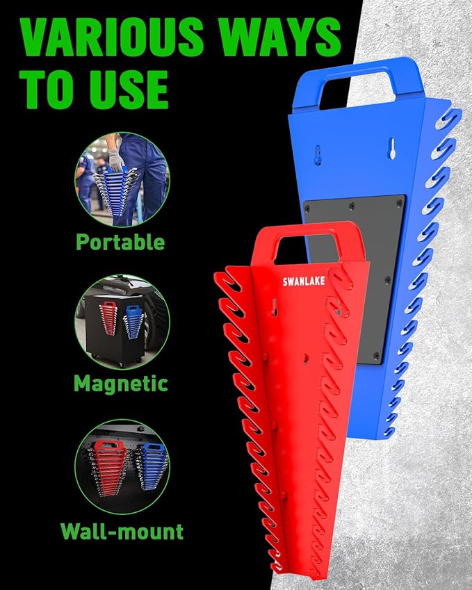 SWANLAKE Magnetic Wrench Organizer Toolbox Holder, 2-Pack SAE (1/4'' to 1-1/16''), Metric (6mm to 27mm) Ratchet Wrench Organi