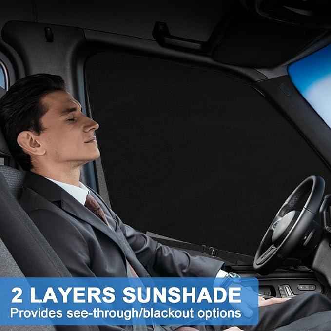 Double Layers Side Window Sunshade Magnetic Bug Screen for Front Doors, Pair Window Bug Screen & Sunshade Curtain Compatible with Mercedes Sprinter 2007-2025