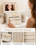 TORIBIO Jewelry Box for Women, Leather Jewelry Organizer with Mirror & Lock, 3-Tier Jewelry Storage Organizer with 2 Drawers 